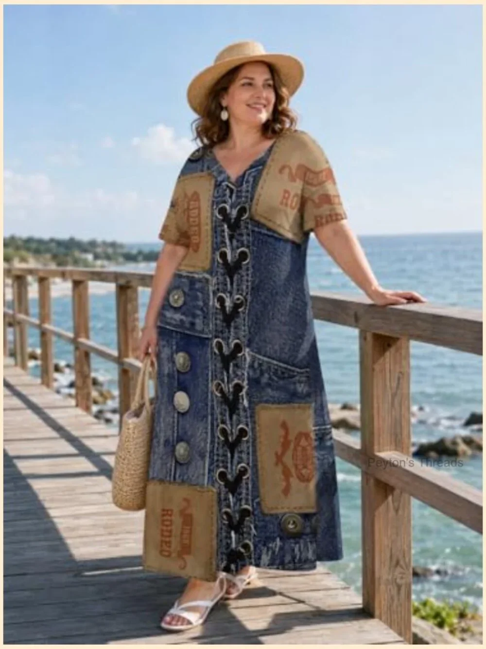 Plus Size Denim Print Maxi Dress V Neck Short Sleeve with Pockets - Picture 4 of 7